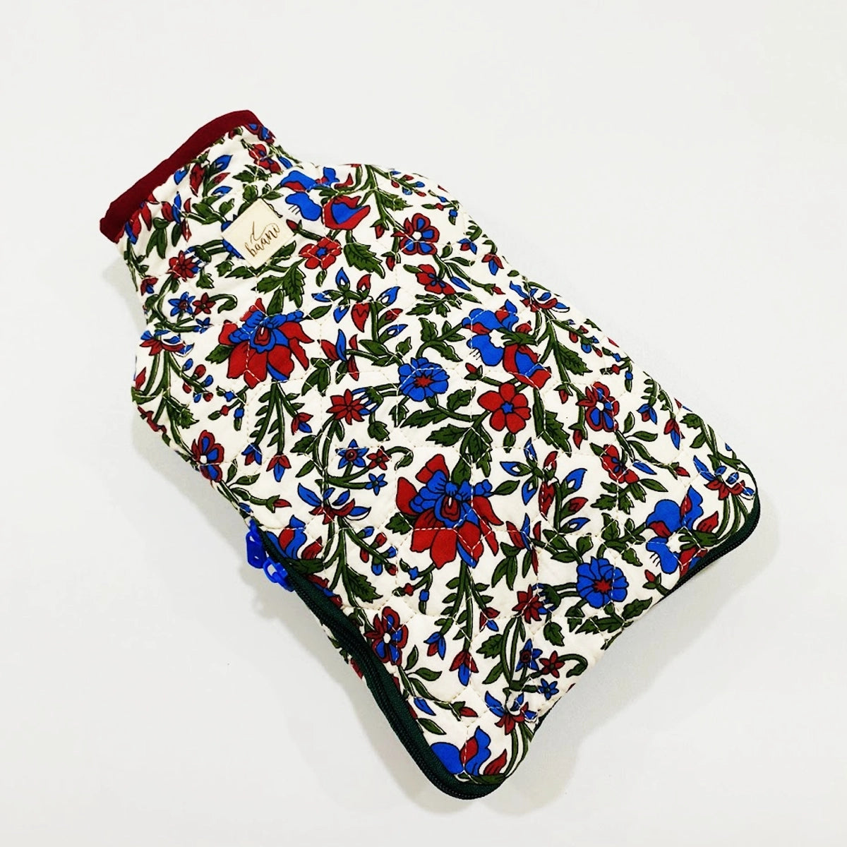 Camellia Hot Water Bag Cover: Red Blue Florals on White