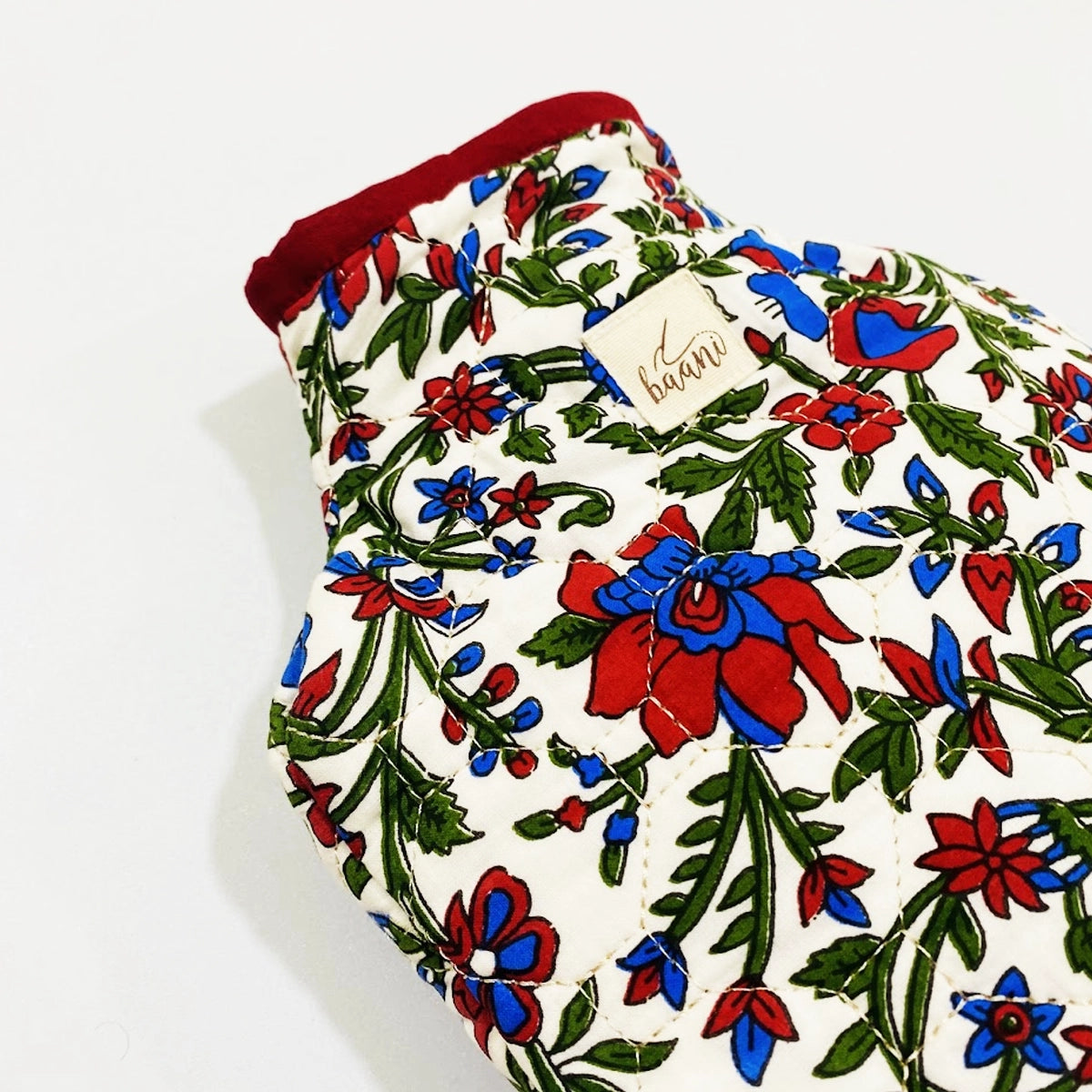 Camellia Hot Water Bag Cover: Red Blue Florals on White